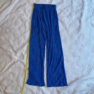 Blue Crêpe Pleated Wide Column Pants Elastic Waist Size Medium